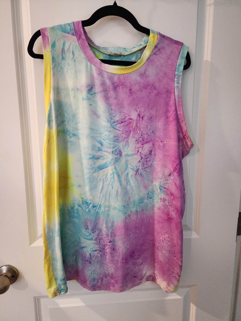 white birch Tie-Dye Muscle Tank in Pink, Blue & Yellow. Size 1x.